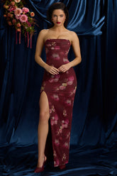 Bandeau Cowl-Neck Maxi Dress in Maroon Floral Print
